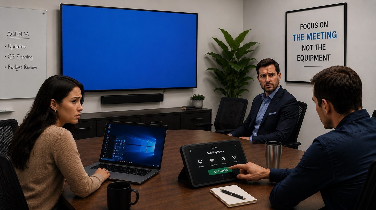 Frustrated team in a conference room dealing with a blue screen and connection issues during a meeting