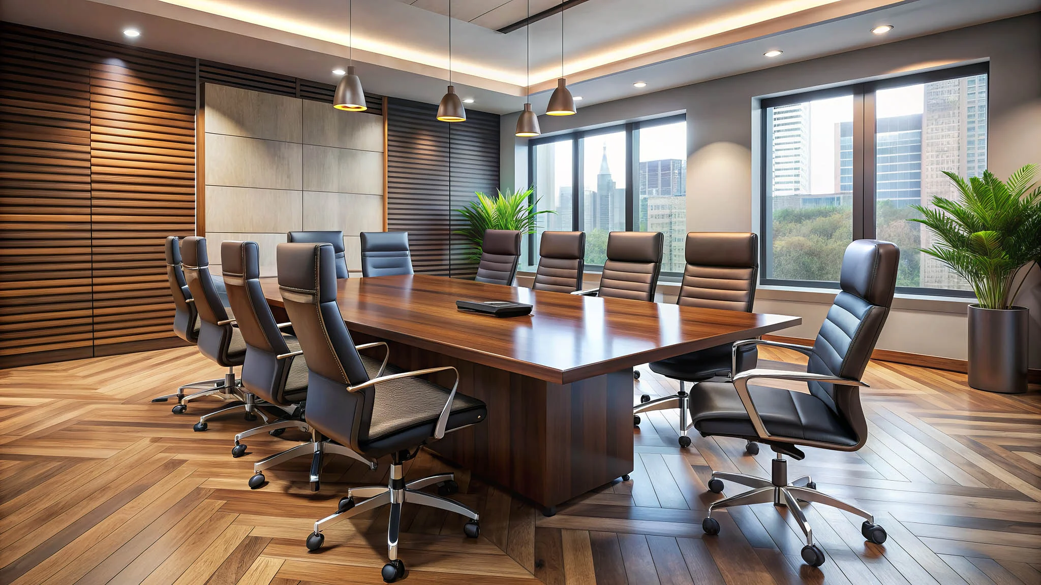 Corporate boardroom with conference table and city skyline views, set up for commercial audio-video and smart technology integration