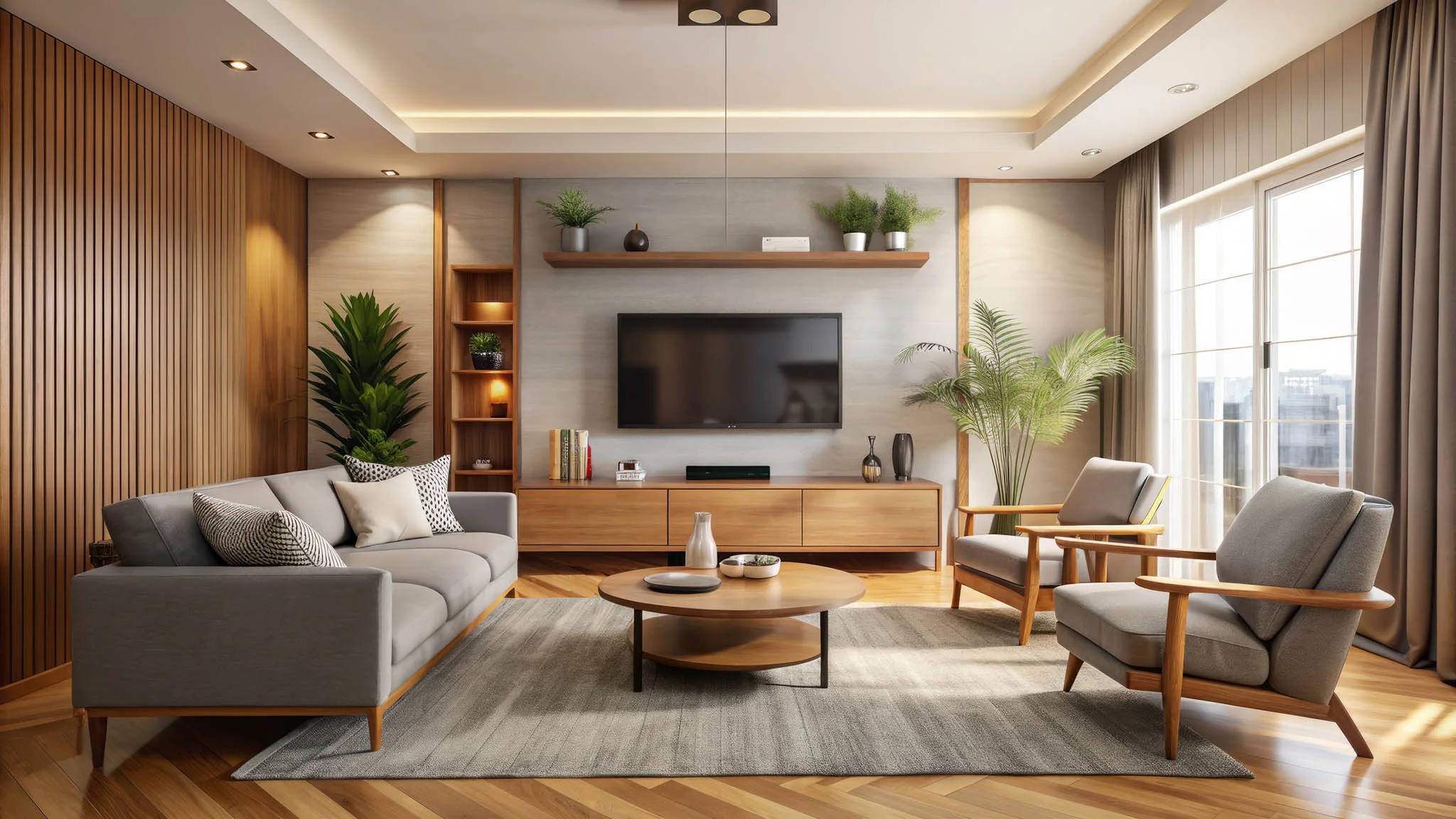 Contemporary living room featuring a wall-mounted TV and integrated smart home audio-video system with wood accent paneling and modern furniture